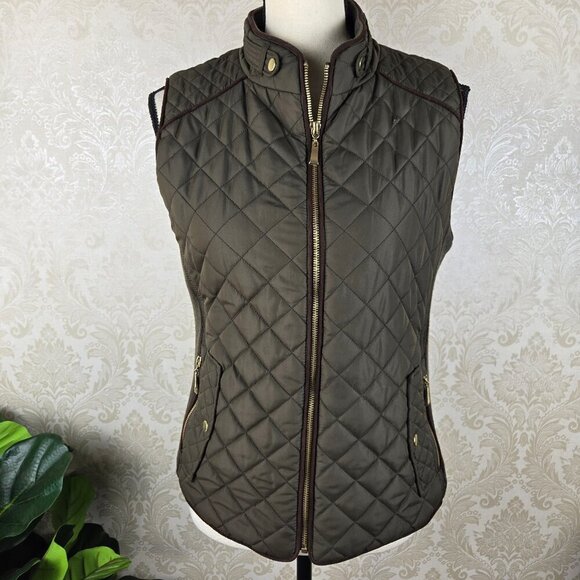 Active USA Size Medium Olive Green Quilted Zip Front Vest Brown Trim Pockets - Picture 1 of 13